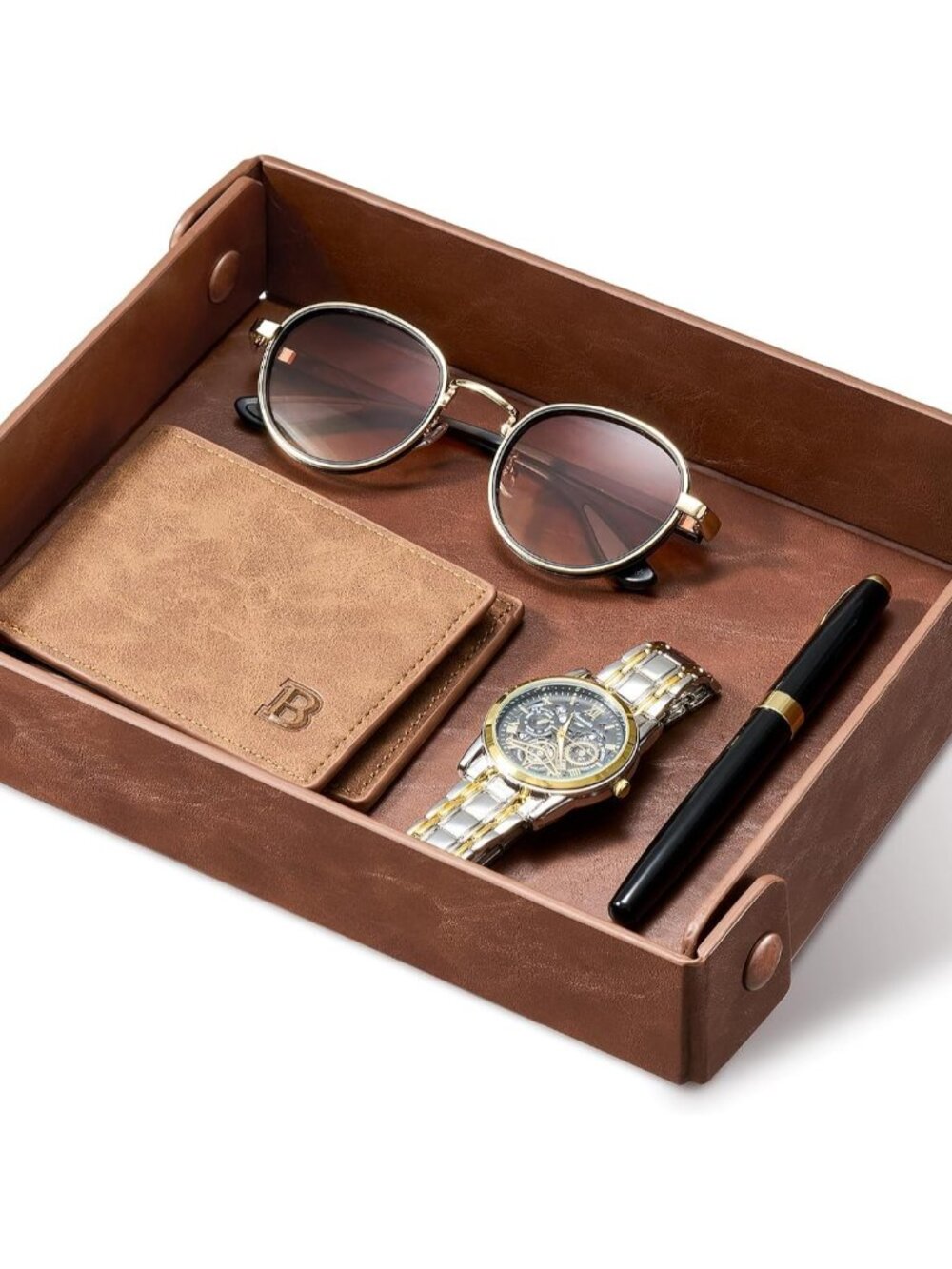 Valet Tray Organizer, Faux Leather Key Storage Tray, Catch All | Brown